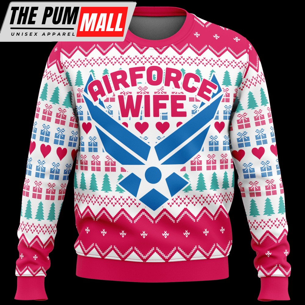 F89 Veteran Sweater: Air Force Wife Christmas Pattern White Pink Ugly Sweater