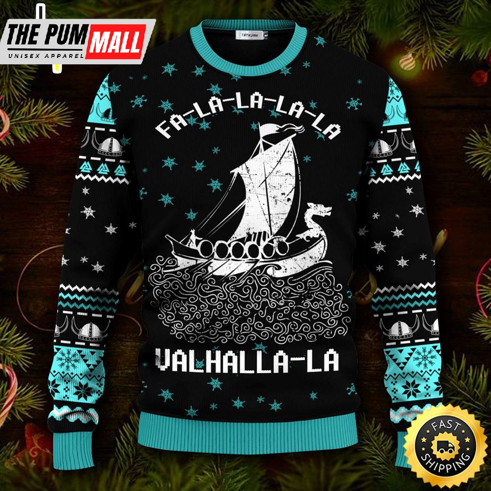 Falalala Valhallala Blue Snow Viking Ugly Skull Sweater Christmas