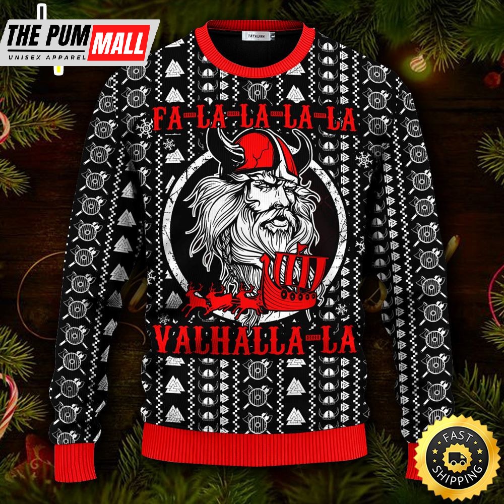 Falalalala Valhallala Red Pattern Viking Ugly Christmas Skull Sweater Christmas