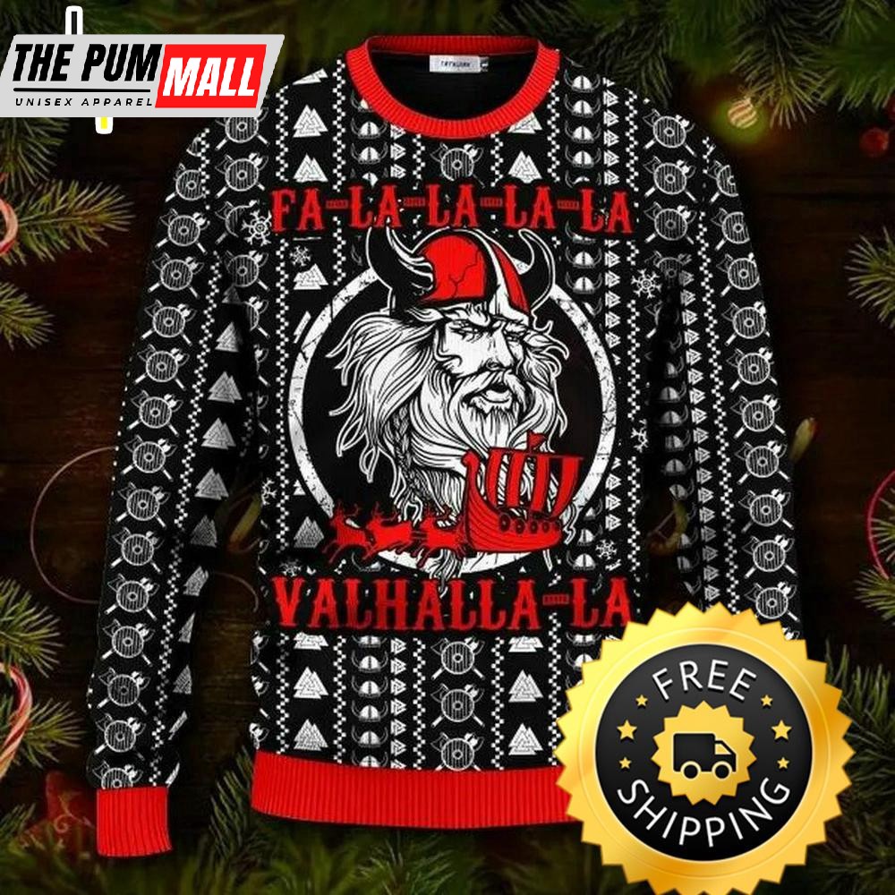 Falalalala Valhallala Red Pattern Viking Ugly Christmas Sweater, Viking Ugly Sweater
