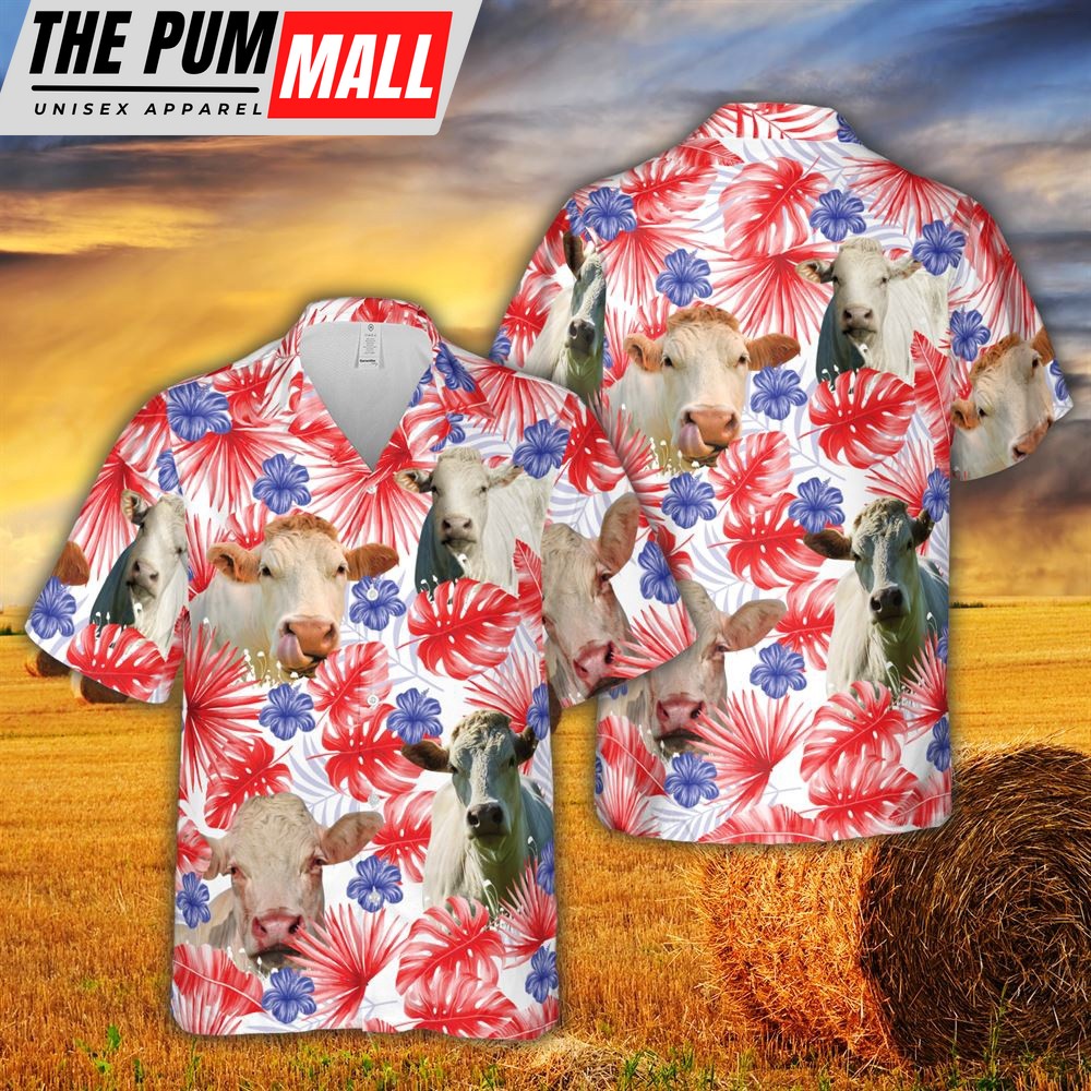 Farm Hawaiian Shirt, American Colors Charolais Cattle All Printed 3D Hawaiian Shirt For Men And Women, Animal Hawaiian Shirt