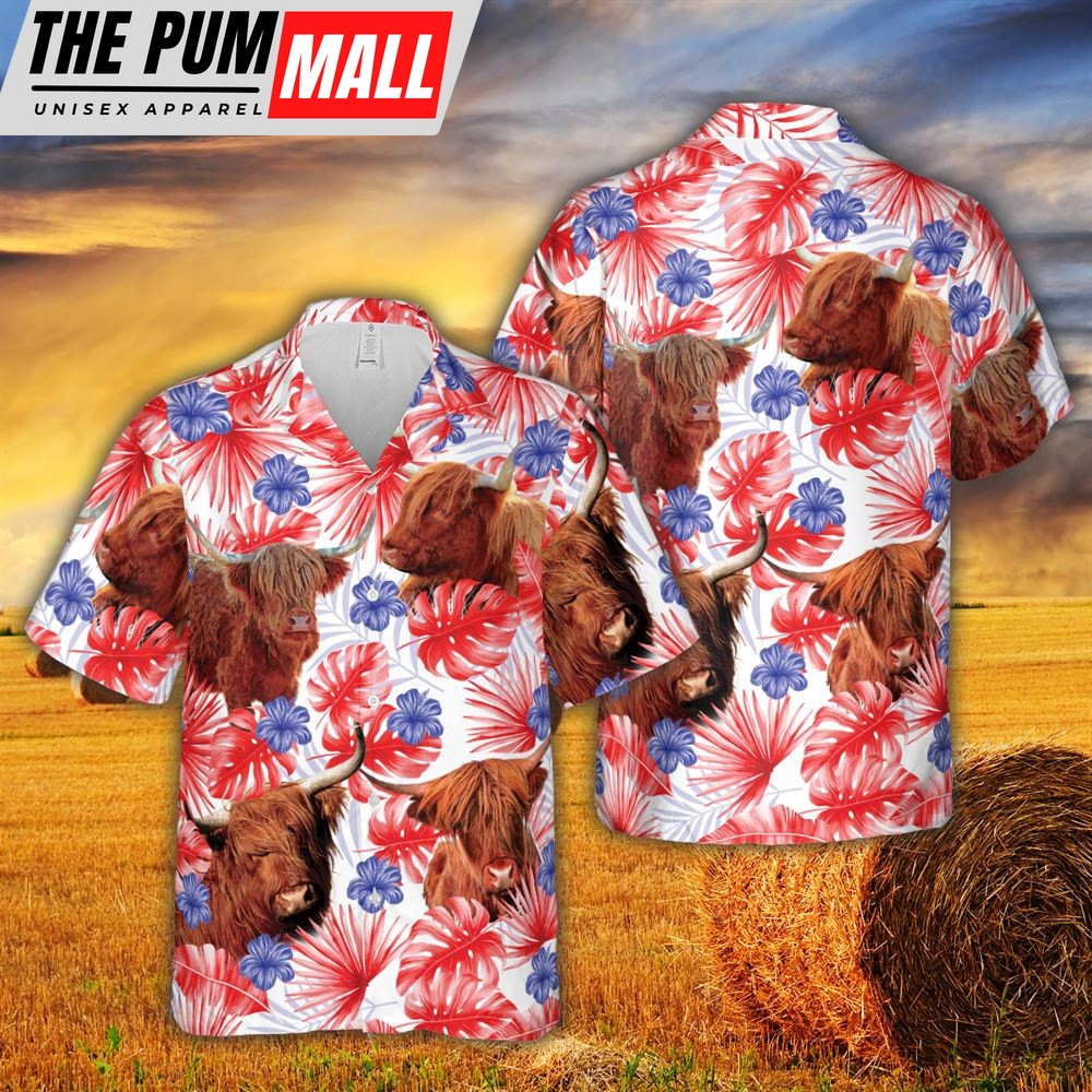 Farm Hawaiian Shirt, American Colors Highland Cattle All Printed 3D Hawaiian Shirt For Men And Women, Animal Hawaiian Shirt