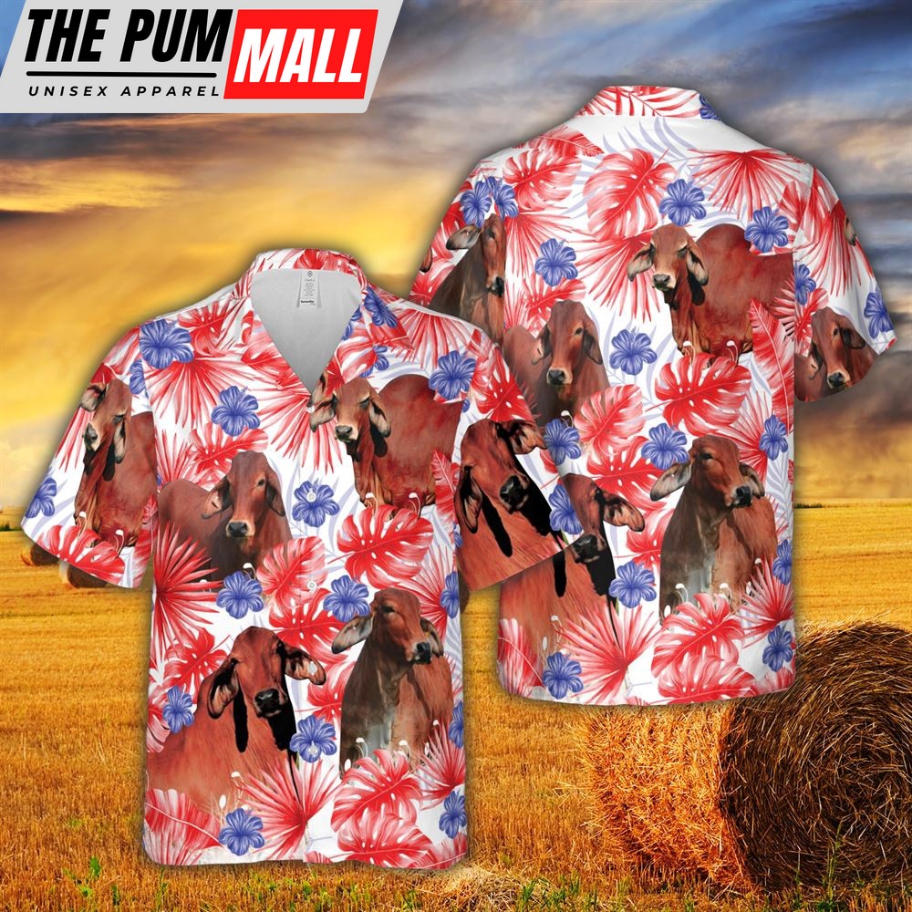 Farm Hawaiian Shirt, American Colors Red Brahman Cattle All Printed 3D Hawaiian Shirt For Men And Women, Animal Hawaiian Shirt