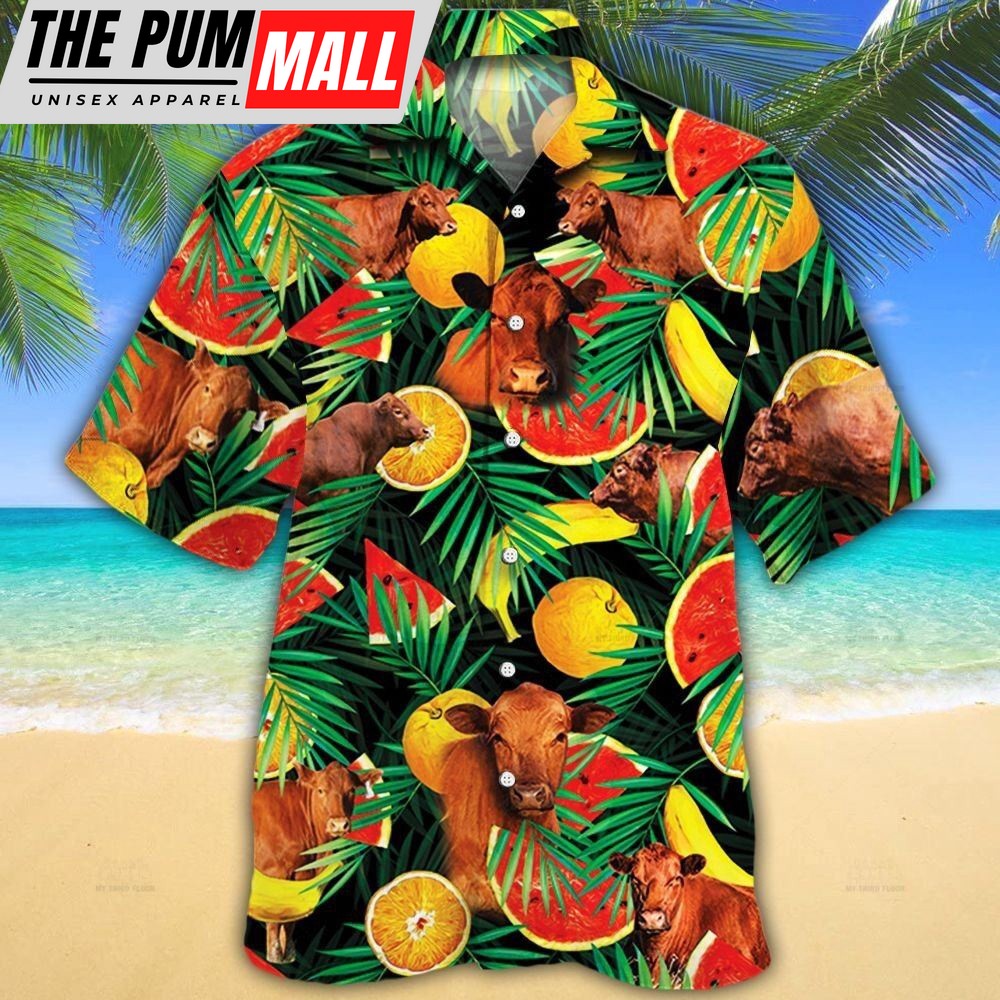 Farm Hawaiian Shirt, Angus Cattle Tropical Fruits All Over Printed 3D Hawaiian Shirt, Animal Hawaiian Shirt