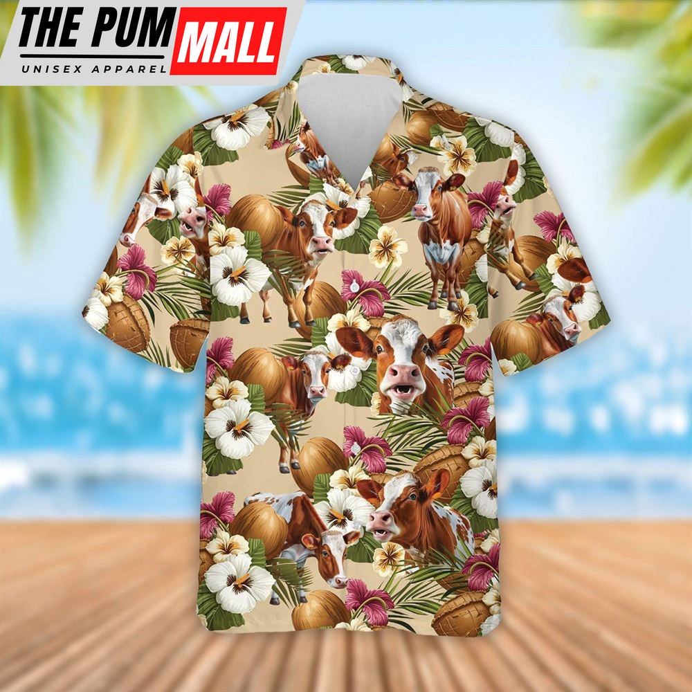 Farm Hawaiian Shirt, Ayrshire Cattle Coconut Tropical Flowers Hawaiian Shirt, Summer Gift, Animal Hawaiian Shirt