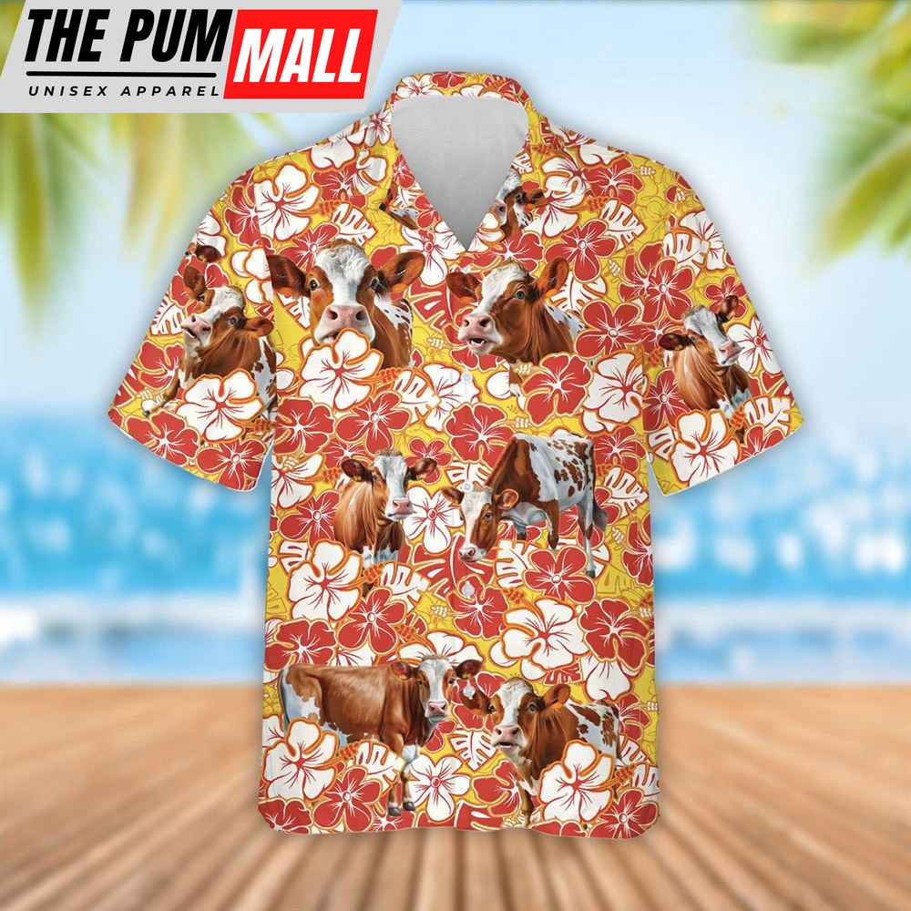 Farm Hawaiian Shirt, Ayrshire Cattle Orange Flower Pattern 3D Hawaiian Shirt, Summer Gift, Animal Hawaiian Shirt