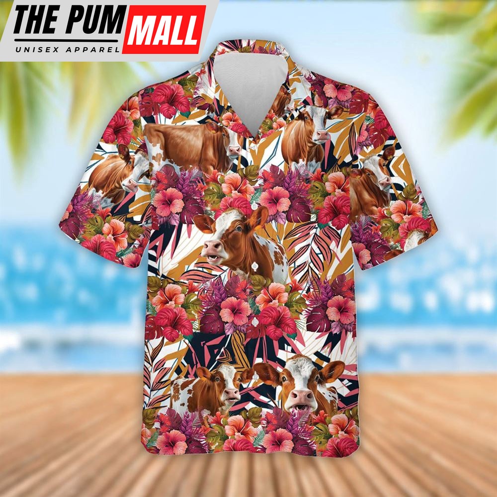 Farm Hawaiian Shirt, Ayrshire Cattle Red Hibicus Flowers Hawaiian Shirt, Summer Gift, Animal Hawaiian Shirt