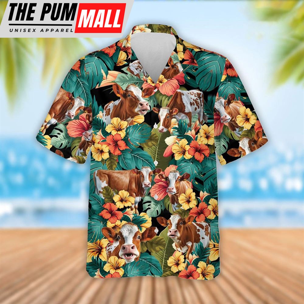 Farm Hawaiian Shirt, Ayrshire Cattle Tropical Flowers Hawaiian Shirt, Summer Gift, Animal Hawaiian Shirt