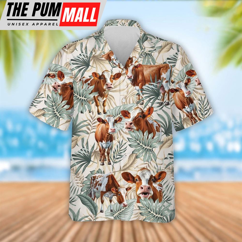 Farm Hawaiian Shirt, Ayrshire Cattle Tropical Leaf Pattern Hawaiian Shirt, Summer Gift, Animal Hawaiian Shirt