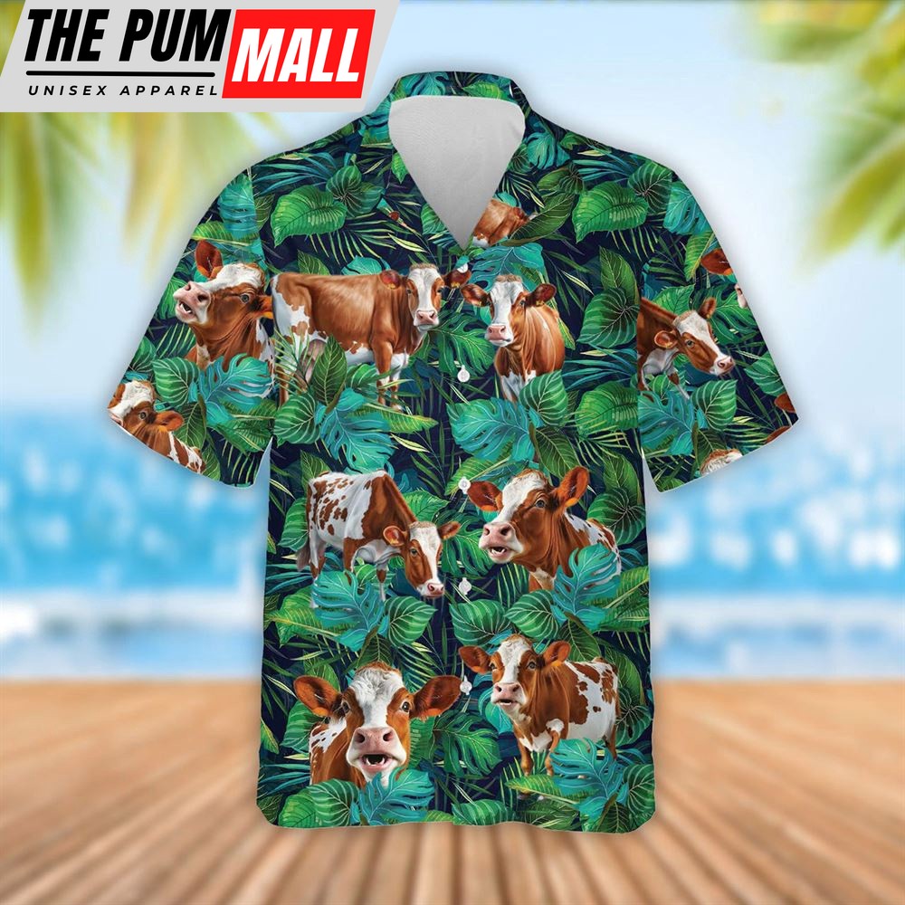 Farm Hawaiian Shirt, Ayrshire Cattle Tropical Leaves Hawaiian Shirt, Summer Gift, Animal Hawaiian Shirt