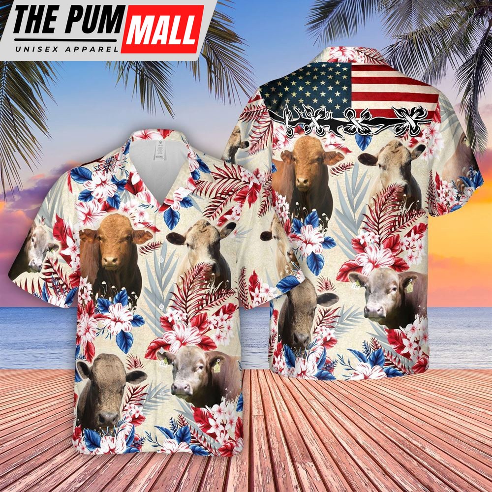 Farm Hawaiian Shirt, Beefalo Pattern Us Flag Hawaiian Shirt For Men And Women, Animal Hawaiian Shirt