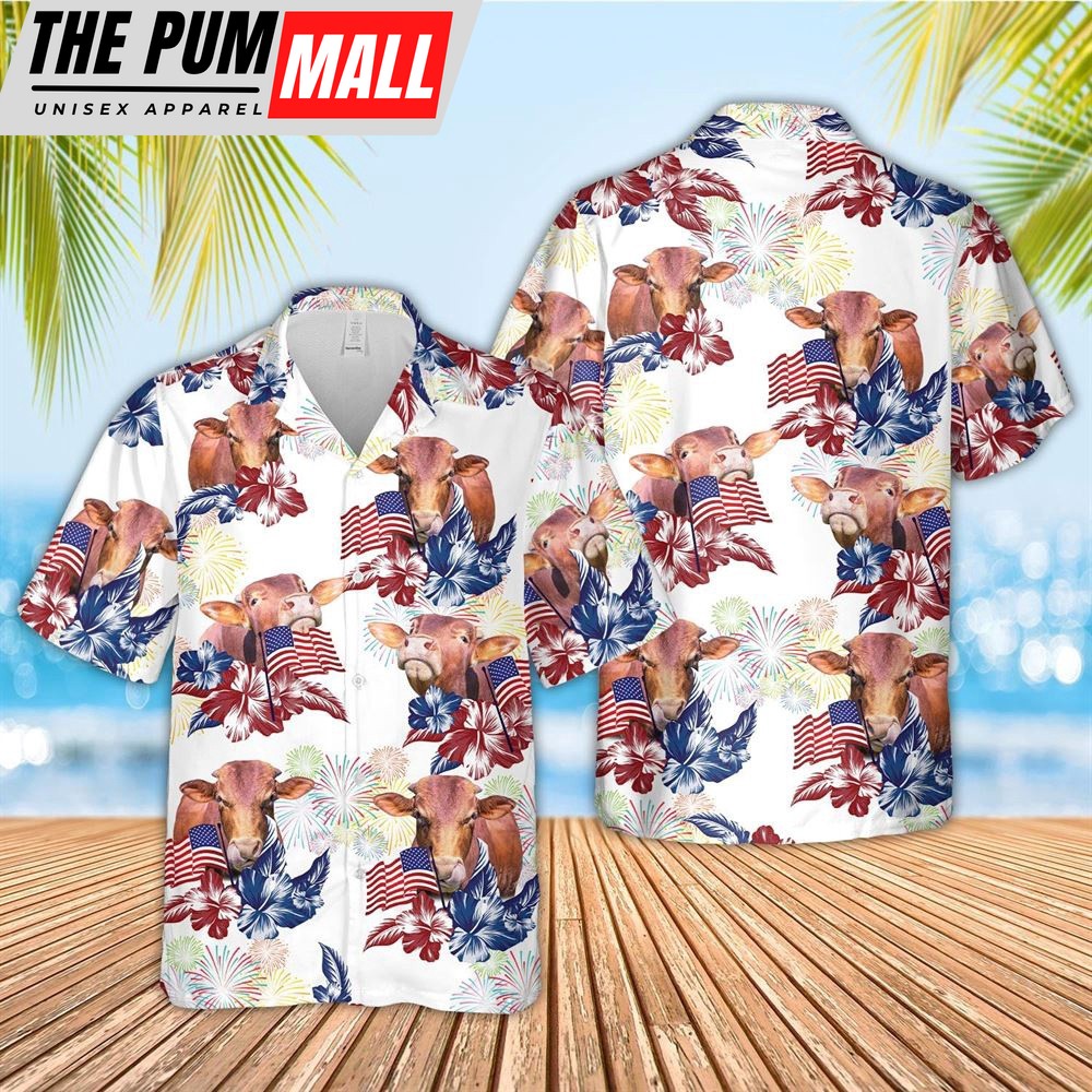 Farm Hawaiian Shirt, Beefmaster American Flowers And Flag Pattern Hawaiian Shirt, Animal Hawaiian Shirt