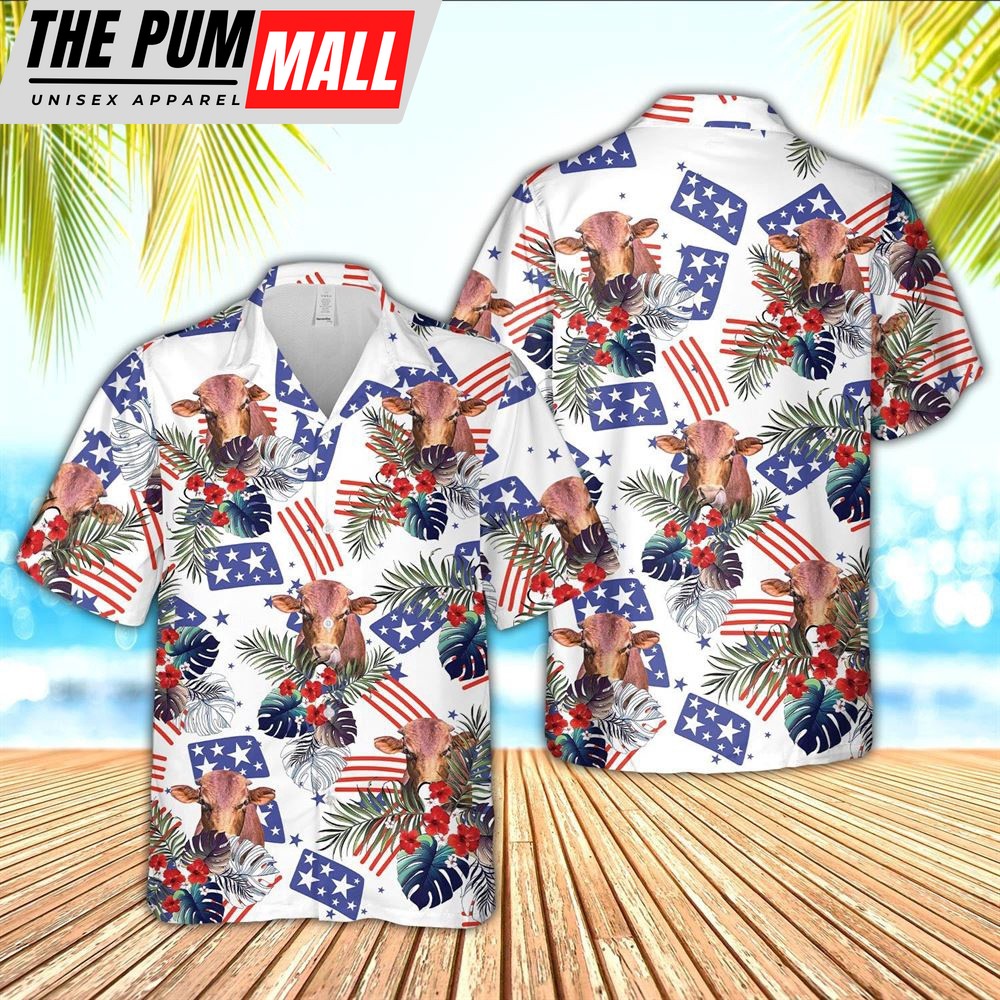 Farm Hawaiian Shirt, Beefmaster American Little Flowers And Flag Pattern Hawaiian Shirt, Animal Hawaiian Shirt
