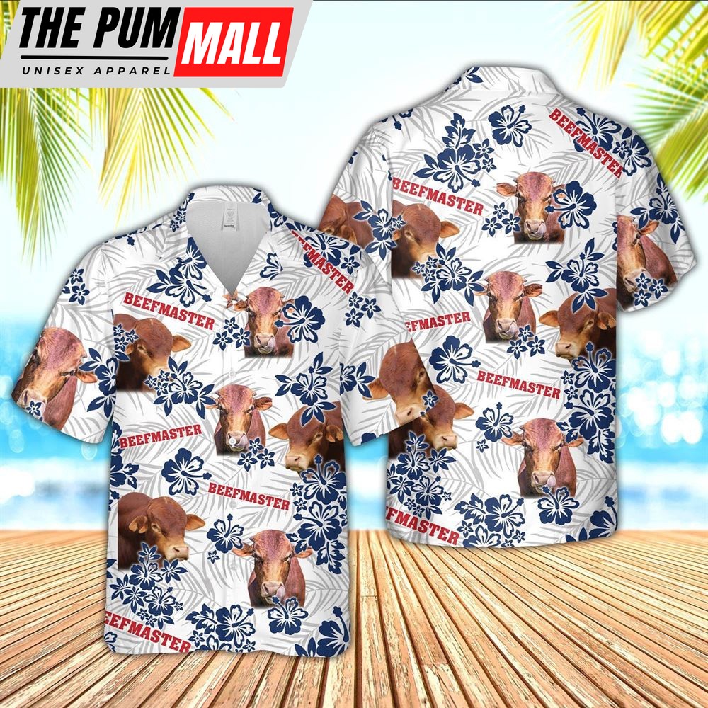 Farm Hawaiian Shirt, Beefmaster American White Flowers Pattern Hawaiian Shirt, Animal Hawaiian Shirt