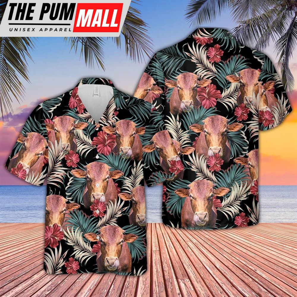 Farm Hawaiian Shirt, Beefmaster Dark Red Flowers Pattern Hawaiian Shirt, Animal Hawaiian Shirt