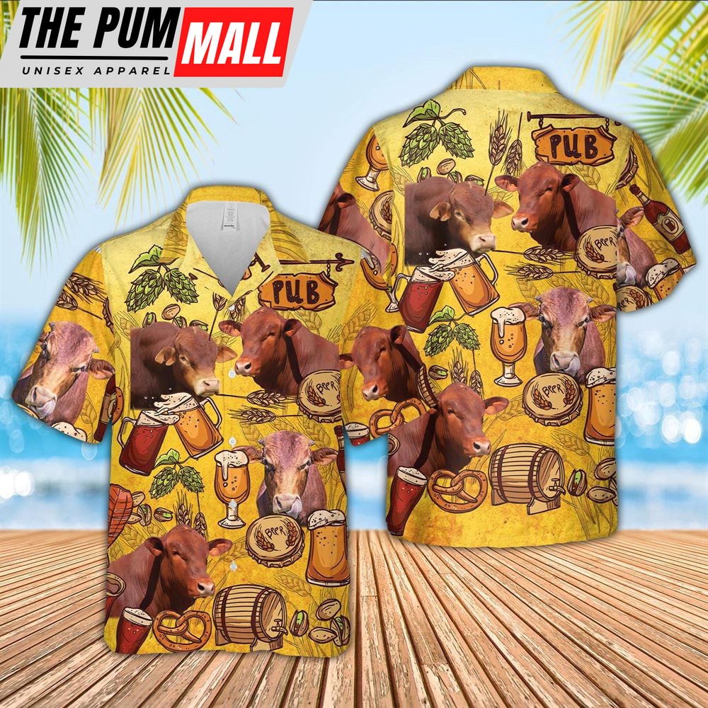Farm Hawaiian Shirt, Beefmaster Drink Beer Pattern 3D Hawaiian Shirt, Animal Hawaiian Shirt