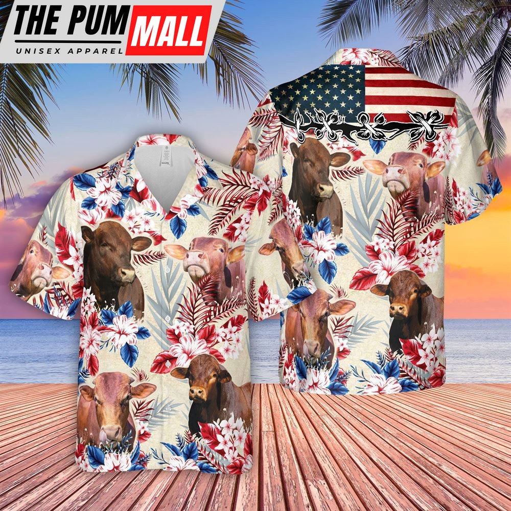 Farm Hawaiian Shirt, Beefmaster Pattern Us Flag Hawaiian Shirt, Animal Hawaiian Shirt