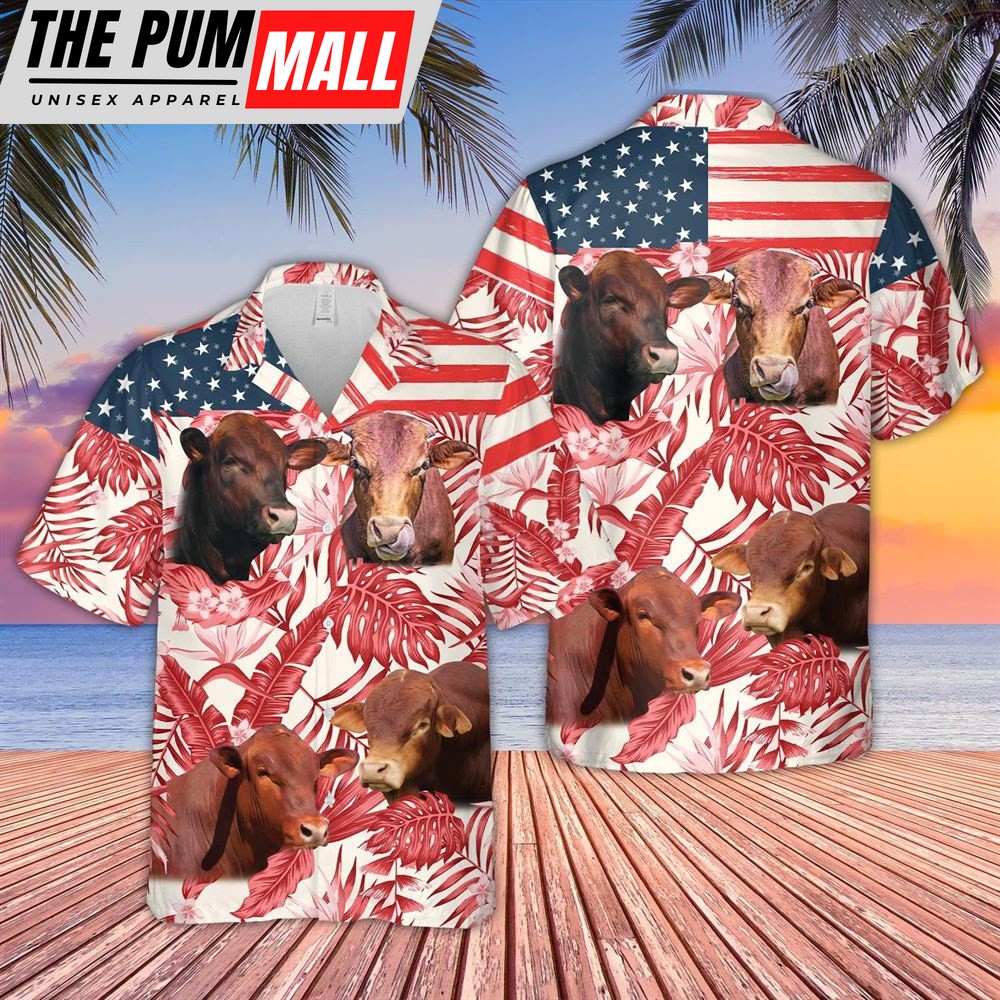 Farm Hawaiian Shirt, Beefmaster Red Floral Us Flag 3D Hawaiian Shirt, Animal Hawaiian Shirt