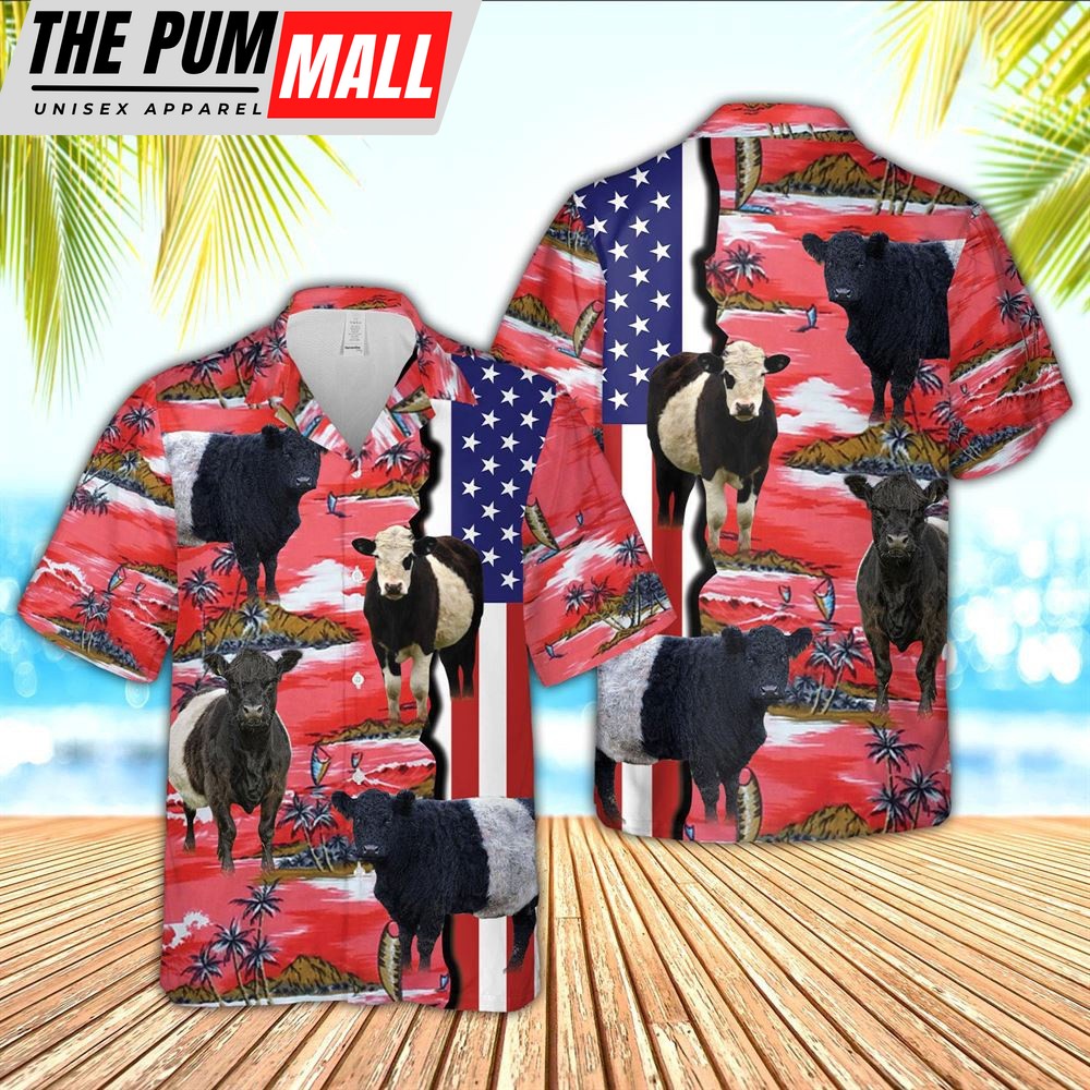 Farm Hawaiian Shirt, Belted Galloway American Flag Farming 3D Hawaiian Shirt, Animal Hawaiian Shirt