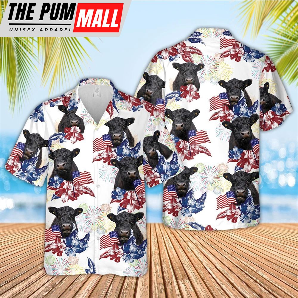 Farm Hawaiian Shirt, Belted Galloway American Flowers And Flag Pattern Hawaiian Shirt, Animal Hawaiian Shirt