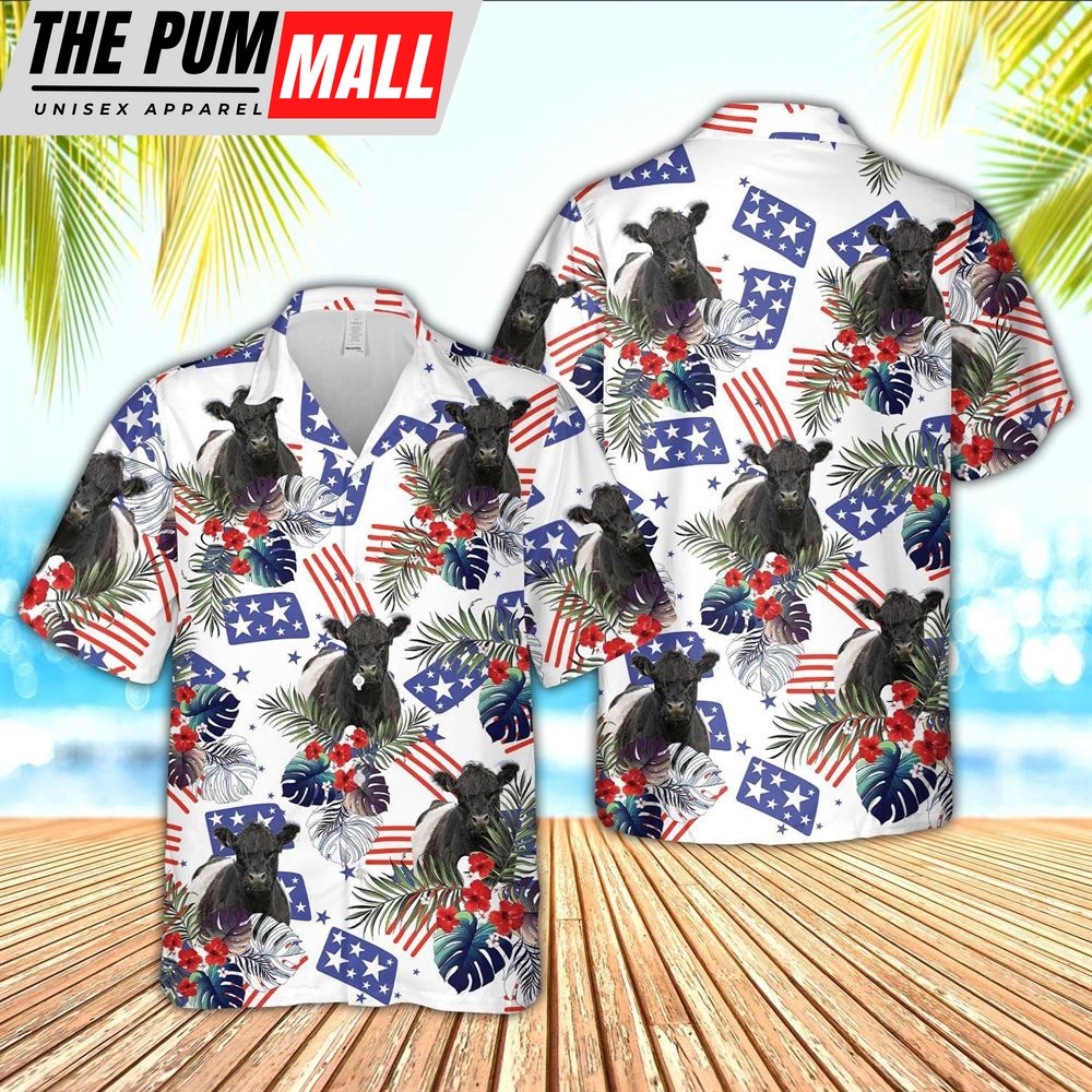 Farm Hawaiian Shirt, Belted Galloway American Little Flowers And Flag Pattern Hawaiian Shirt, Animal Hawaiian Shirt
