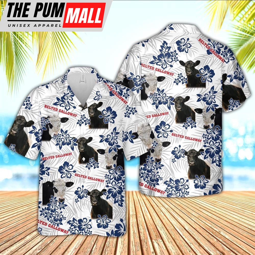Farm Hawaiian Shirt, Belted Galloway American White Flowers Pattern Hawaiian Shirt, Animal Hawaiian Shirt