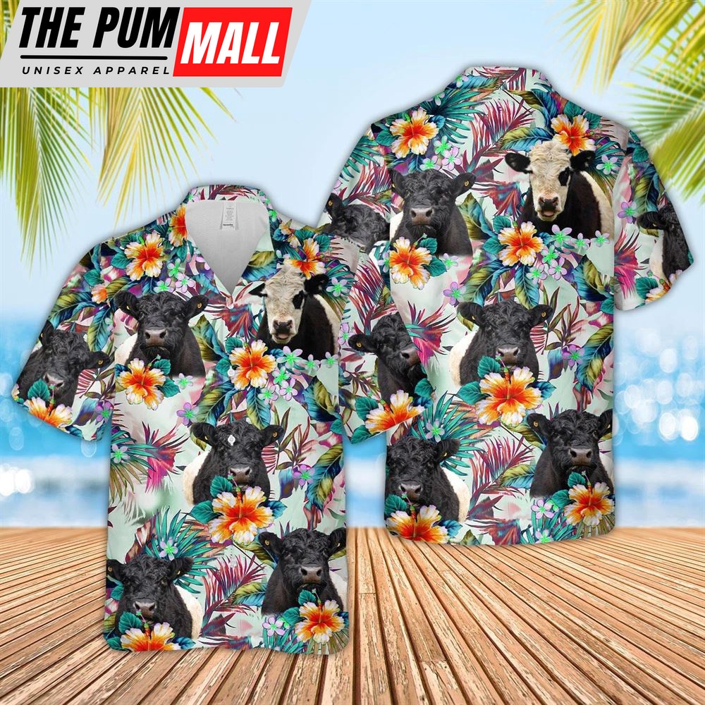 Farm Hawaiian Shirt, Belted Galloway Cows With Flowers 3D Hawaiian Shirt, Animal Hawaiian Shirt