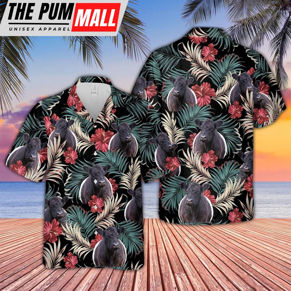 Farm Hawaiian Shirt, Belted Galloway Dark Red Flowers Pattern Hawaiian Shirt, Animal Hawaiian Shirt