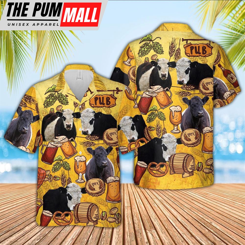 Farm Hawaiian Shirt, Belted Galloway Drink Beer Pattern 3D Hawaiian Shirt, Animal Hawaiian Shirt