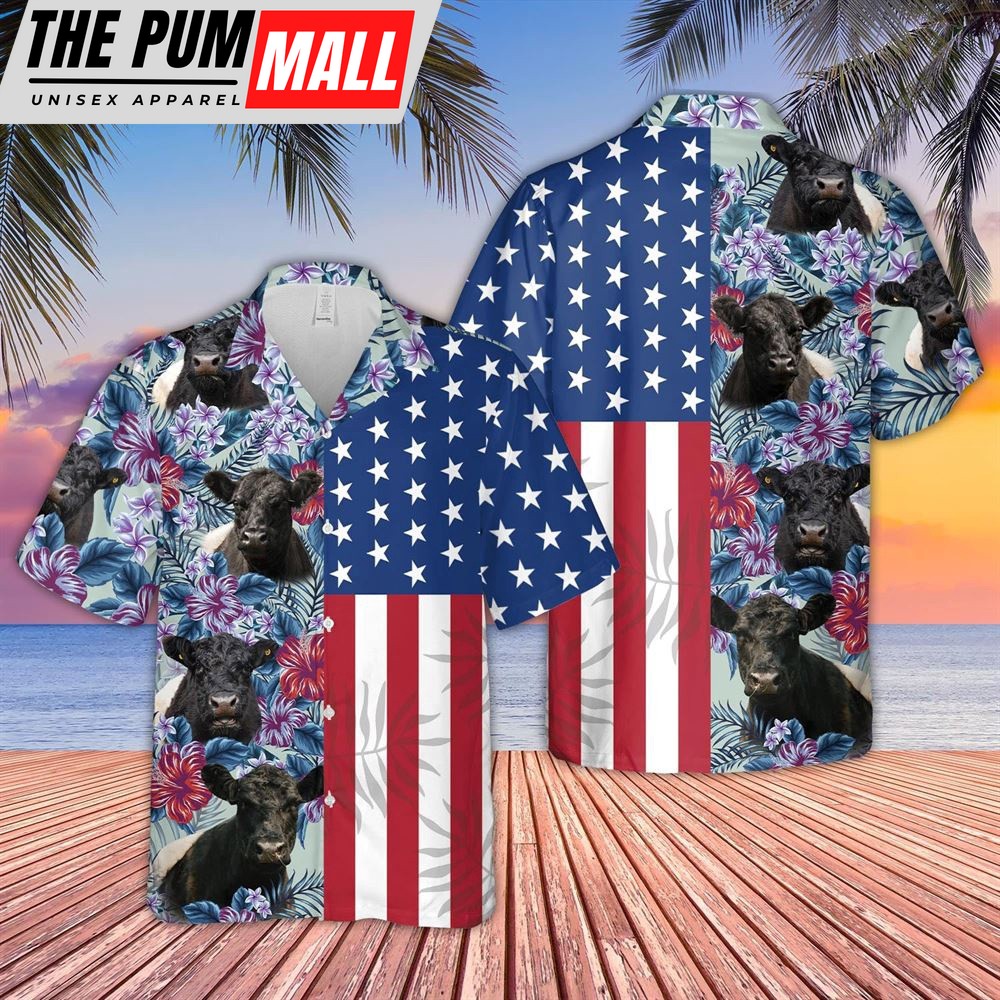 Farm Hawaiian Shirt, Belted Galloway Flower Pattern American 3D Hawaiian Shirt, Animal Hawaiian Shirt