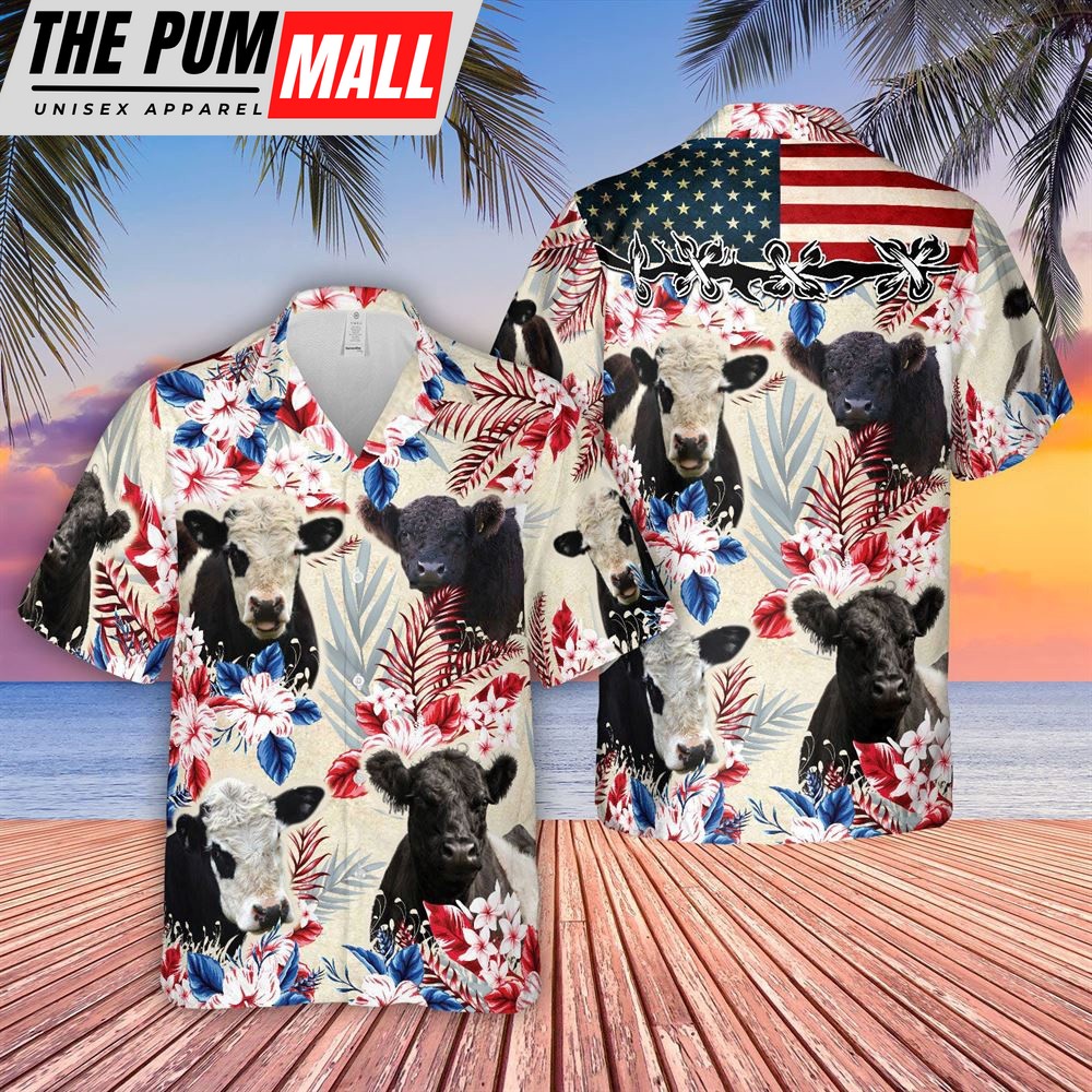 Farm Hawaiian Shirt, Belted Galloway Pattern Us Flag Hawaiian Shirt, Animal Hawaiian Shirt