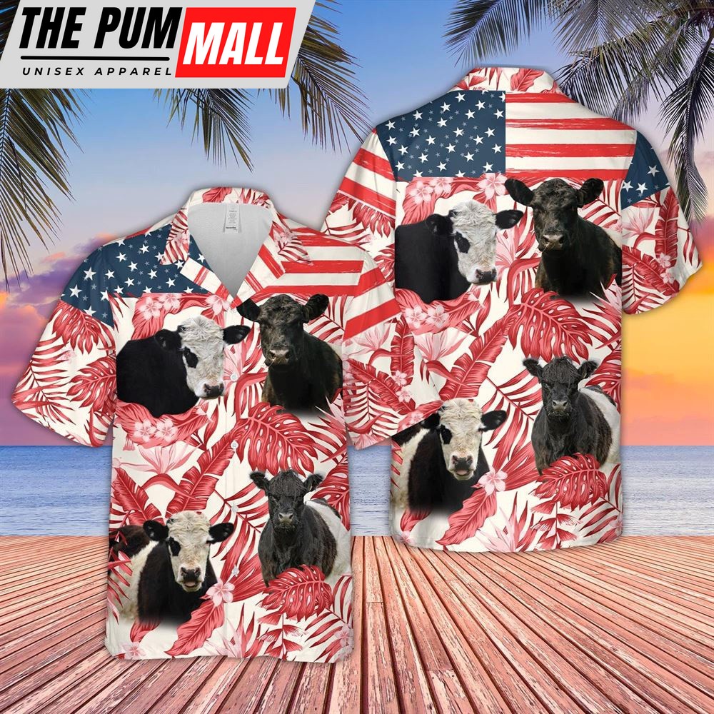 Farm Hawaiian Shirt, Belted Galloway Red Floral Us Flag 3D Hawaiian Shirt, Animal Hawaiian Shirt