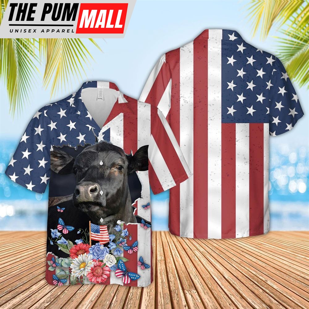 Farm Hawaiian Shirt, Black Angus 4Th Of July 3D Hawaiian Shirt, Animal Hawaiian Shirt