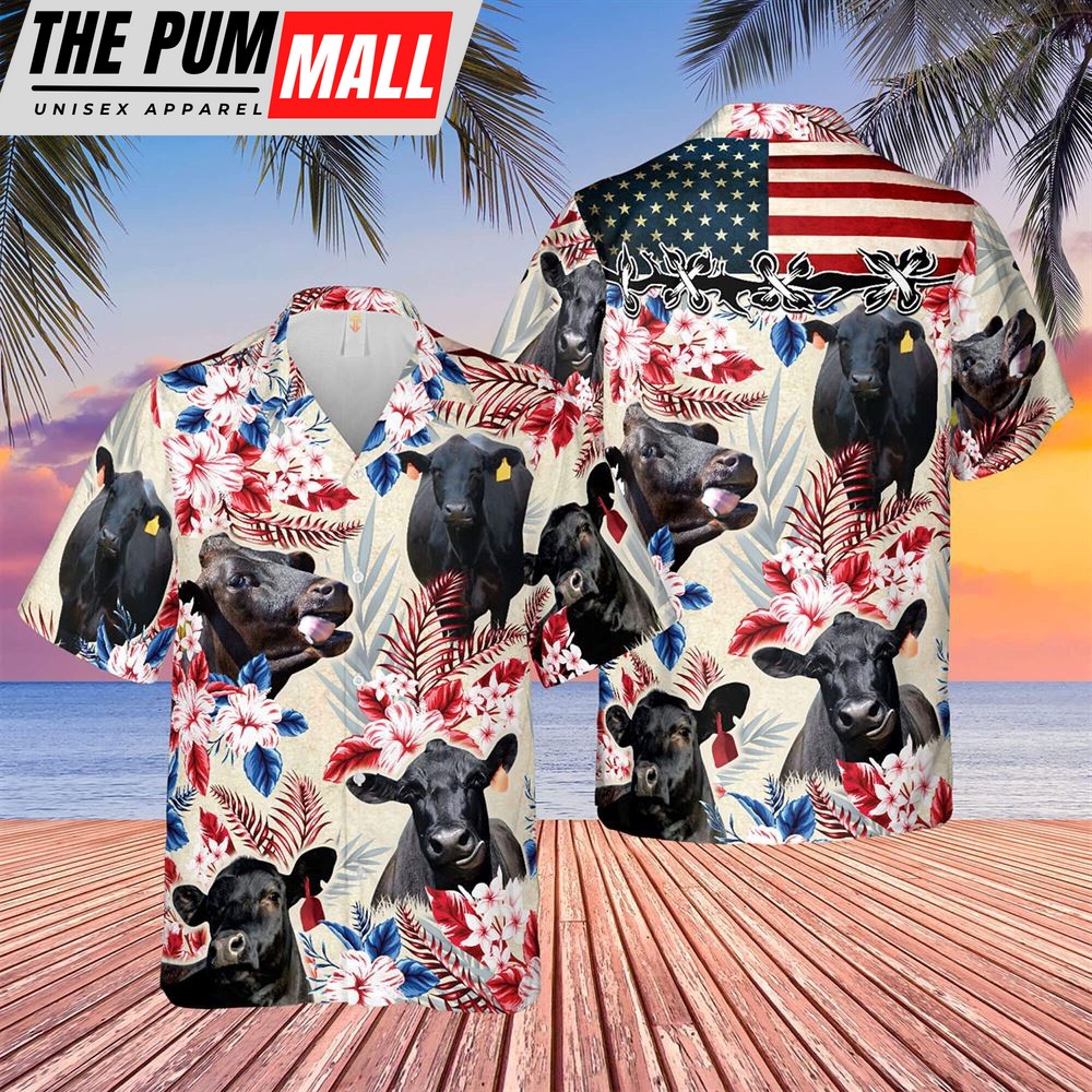 Farm Hawaiian Shirt, Black Angus American Flag Hawaiian Flowers All Over Printed 3D Hawaiian Shirt, Animal Hawaiian Shirt