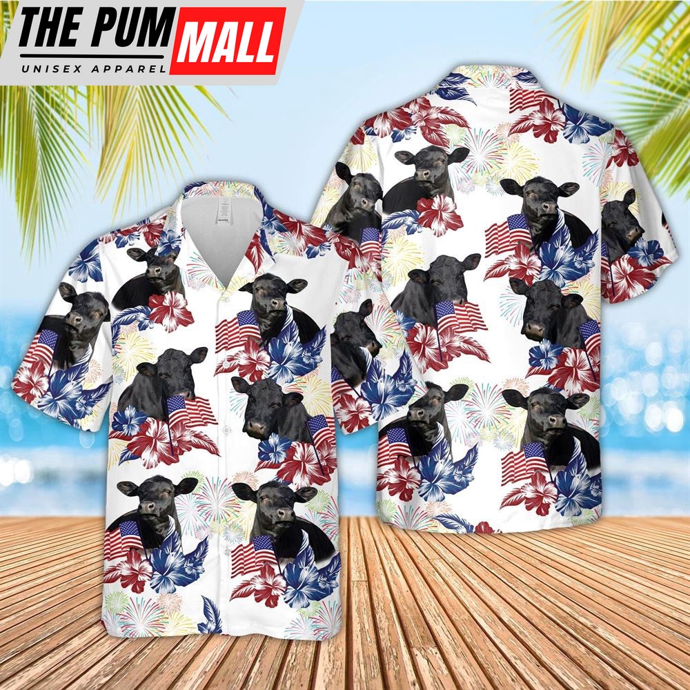 Farm Hawaiian Shirt, Black Angus American Flowers And Flag Pattern Hawaiian Shirt, Animal Hawaiian Shirt
