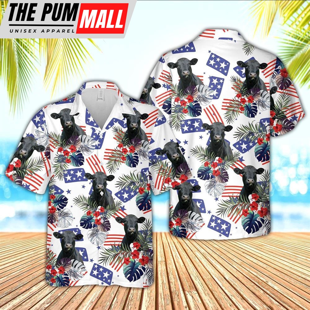 Farm Hawaiian Shirt, Black Angus American Little Flowers And Flag Pattern Hawaiian Shirt, Animal Hawaiian Shirt