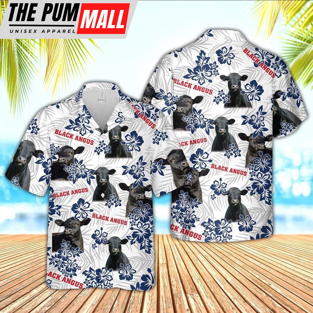 Farm Hawaiian Shirt, Black Angus American White Flowers Pattern Hawaiian Shirt, Animal Hawaiian Shirt