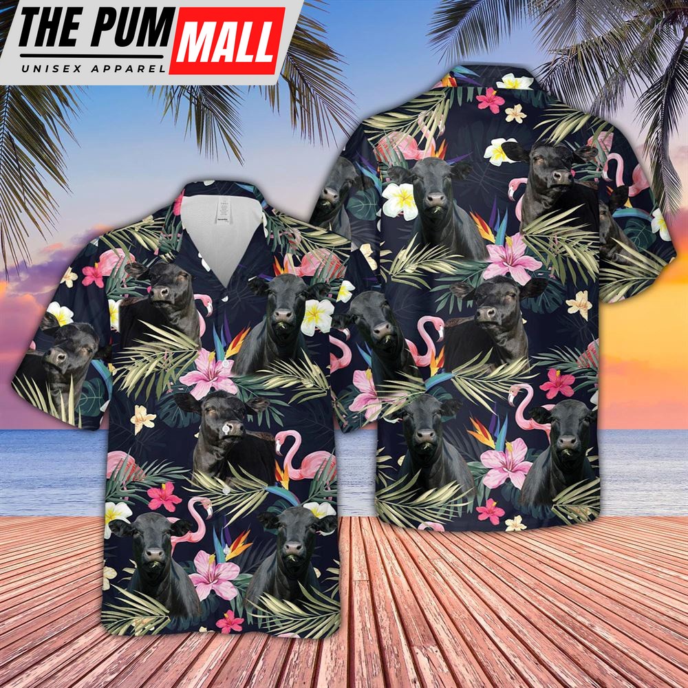 Farm Hawaiian Shirt, Black Angus And Flamingo Flower Pattern 3D Hawaiian Shirt, Animal Hawaiian Shirt