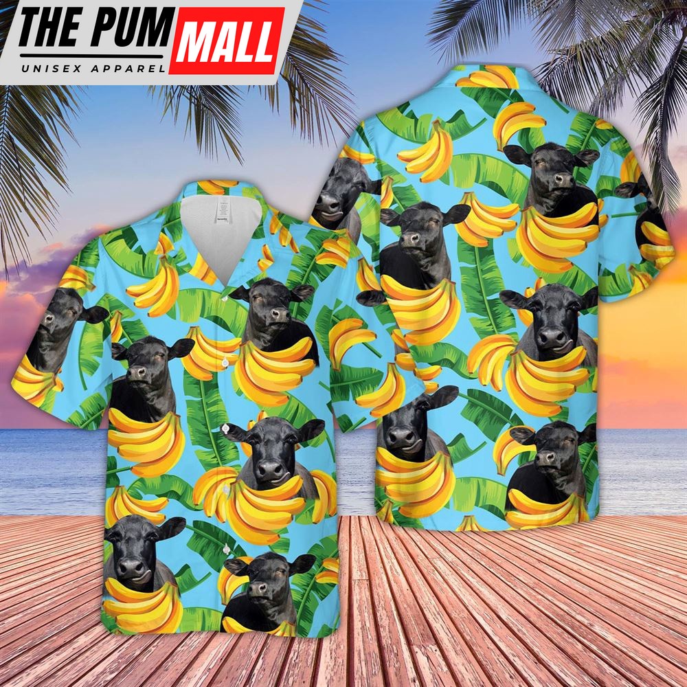 Farm Hawaiian Shirt, Black Angus Banana Pattern 3D Hawaiian Shirt, Animal Hawaiian Shirt
