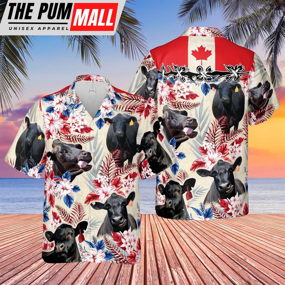 Farm Hawaiian Shirt, Black Angus Canada Flag Hawaiian Flowers All Over Printed 3D Hawaiian Shirt, Animal Hawaiian Shirt