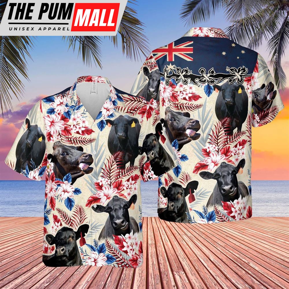 Farm Hawaiian Shirt, Black Angus Cattle Australia Flag Hawaiian Flowers Hawaiian Shirt, Animal Hawaiian Shirt