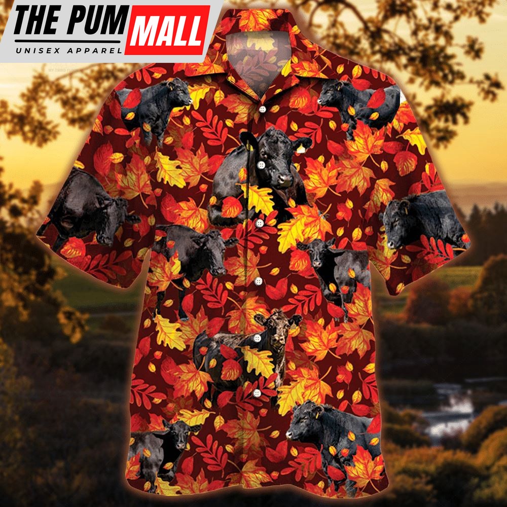 Farm Hawaiian Shirt, Black Angus Cattle Autumn Leaves All Over Printed 3D Hawaiian Shirt, Animal Hawaiian Shirt