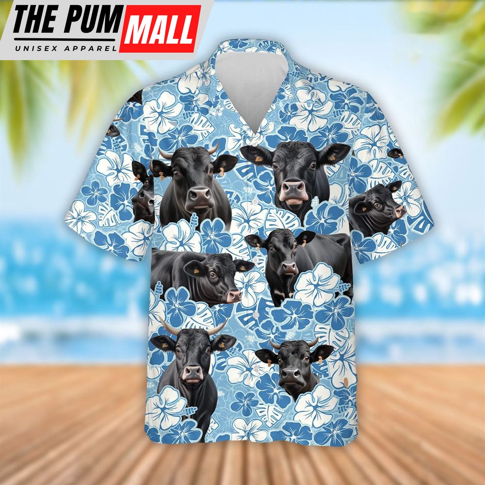Farm Hawaiian Shirt, Black Angus Cattle Blue Flower Pattern 3D Hawaiian Shirt, Summer Gift, Animal Hawaiian Shirt