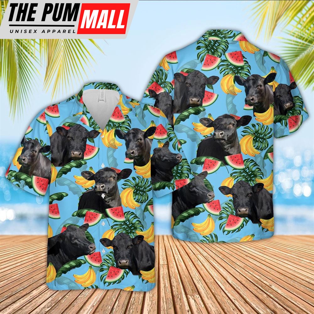 Farm Hawaiian Shirt, Black Angus Cattle Blue Tropical Fruits Pattern Hawaiian Shirt, Animal Hawaiian Shirt