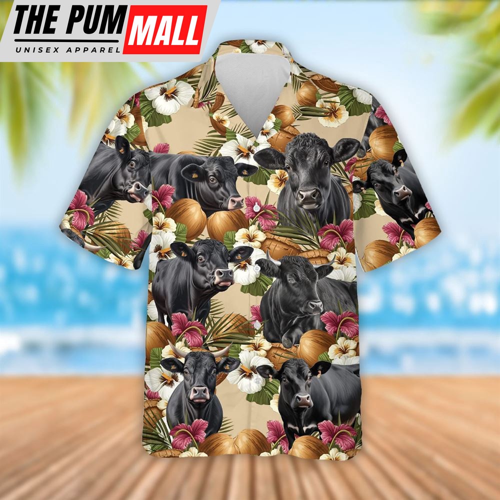 Farm Hawaiian Shirt, Black Angus Cattle Coconut Tropical Flowers Hawaiian Shirt, Summer Gift, Animal Hawaiian Shirt