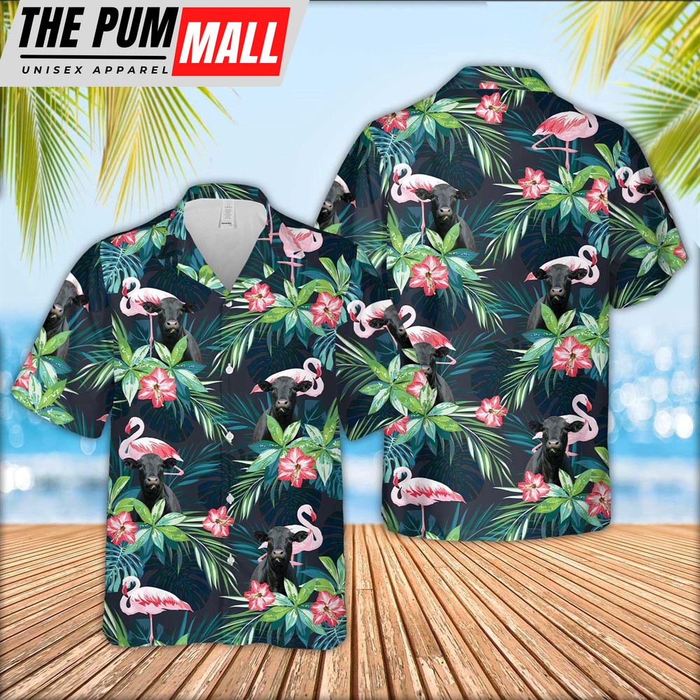 Farm Hawaiian Shirt, Black Angus Cattle Flamingo Hawaiian Shirt, Animal Hawaiian Shirt
