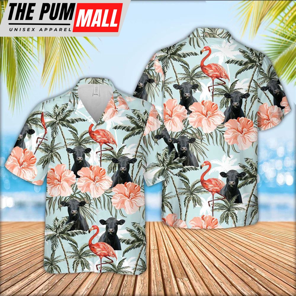 Farm Hawaiian Shirt, Black Angus Cattle Flamingo Light Bule Hawaiian Shirt, Animal Hawaiian Shirt