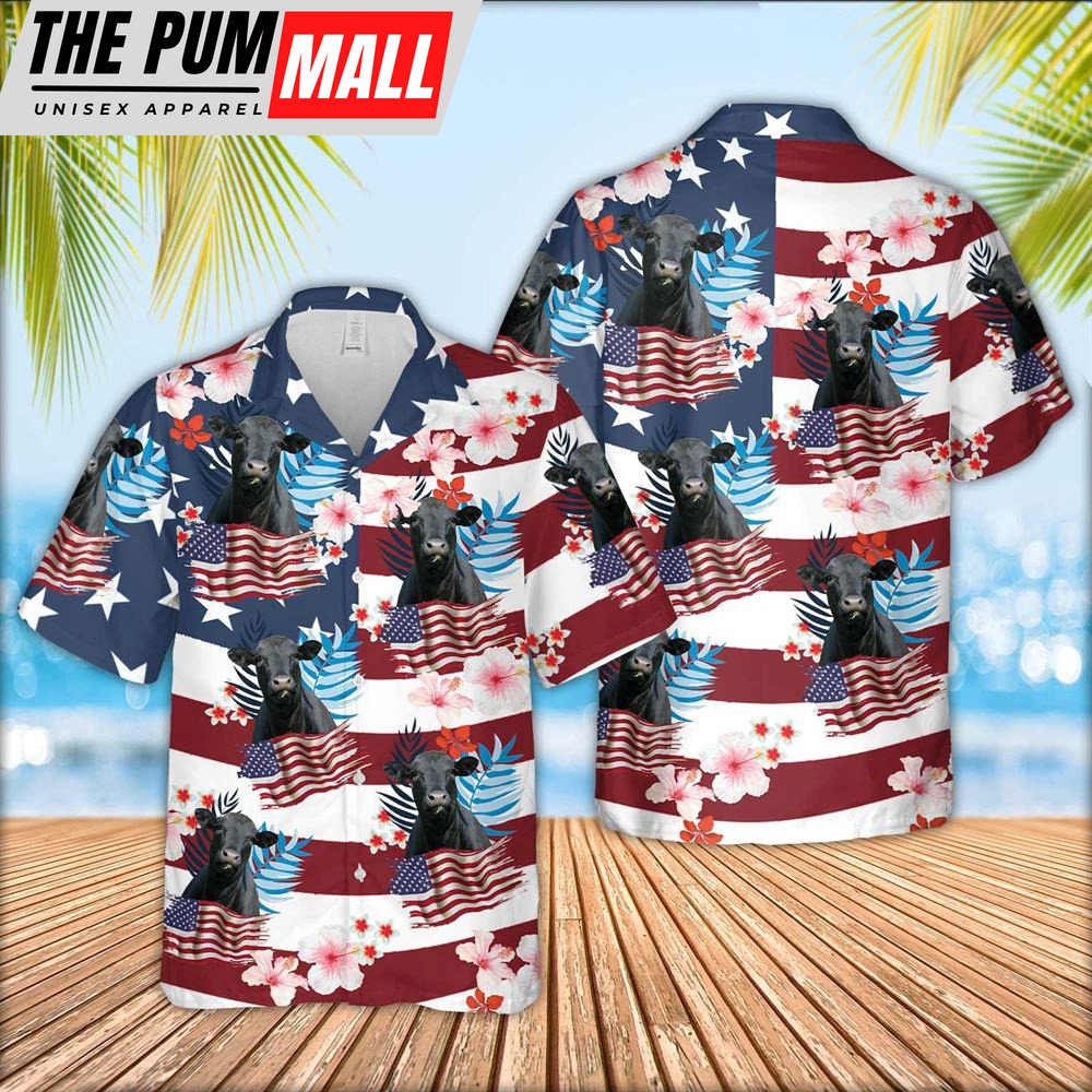 Farm Hawaiian Shirt, Black Angus Cattle Floral U.S Flag Pattern Hawaiian Shirt, Animal Hawaiian Shirt