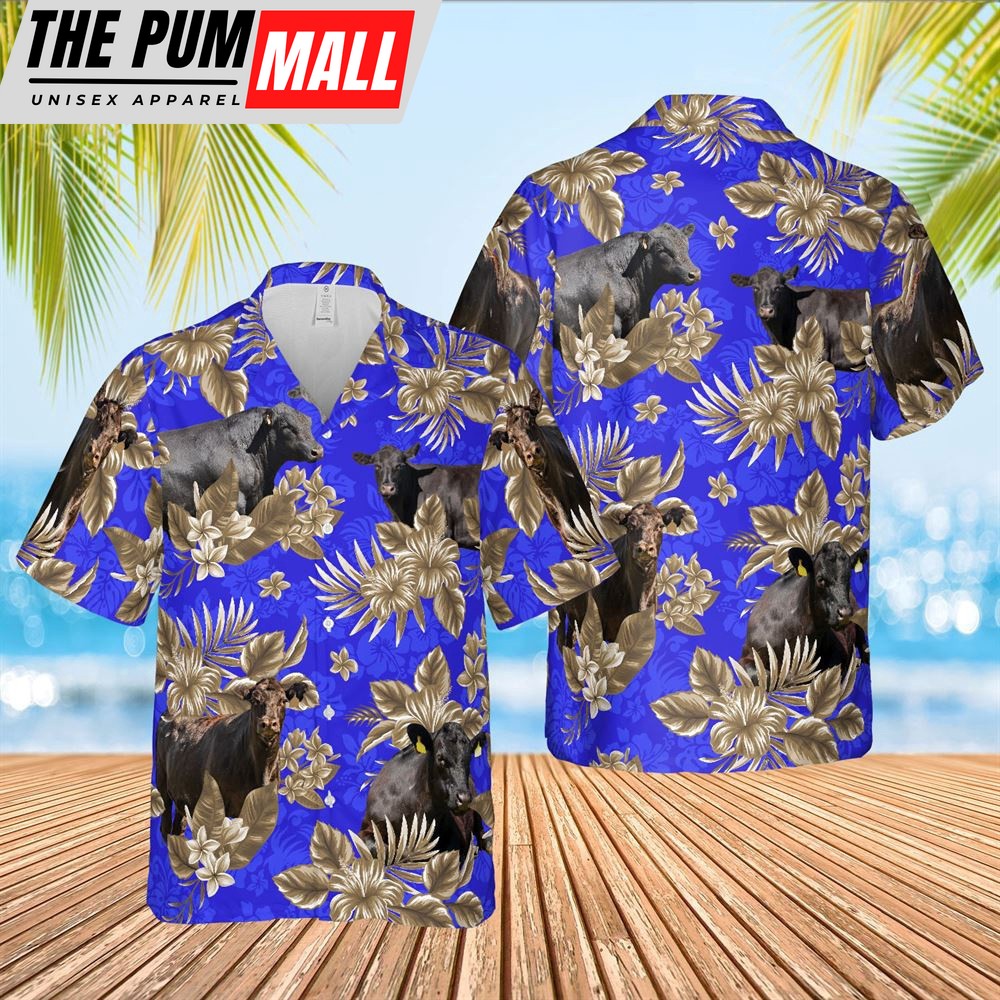 Farm Hawaiian Shirt, Black Angus Cattle Lovers Aloha Pattern Blue All Over Printed 3D Hawaiian Shirt, Animal Hawaiian Shirt