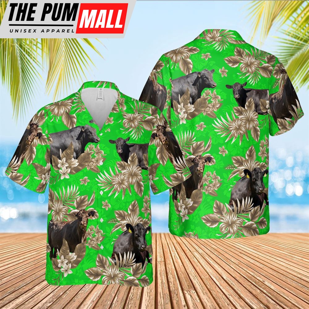 Farm Hawaiian Shirt, Black Angus Cattle Lovers Aloha Pattern Green All Over Printed 3D Hawaiian Shirt, Animal Hawaiian Shirt